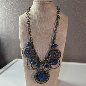 Vintage Premier Designs Antique Gold Graduated Blue Dangle Statement Necklace